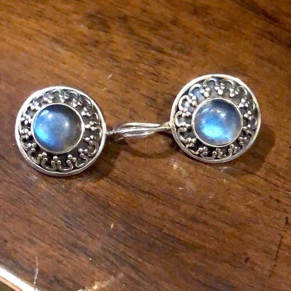VINTAGE Blue Moonstone Cabochon Sterling Silver Oxidized Earrings - Picture 2 of 10